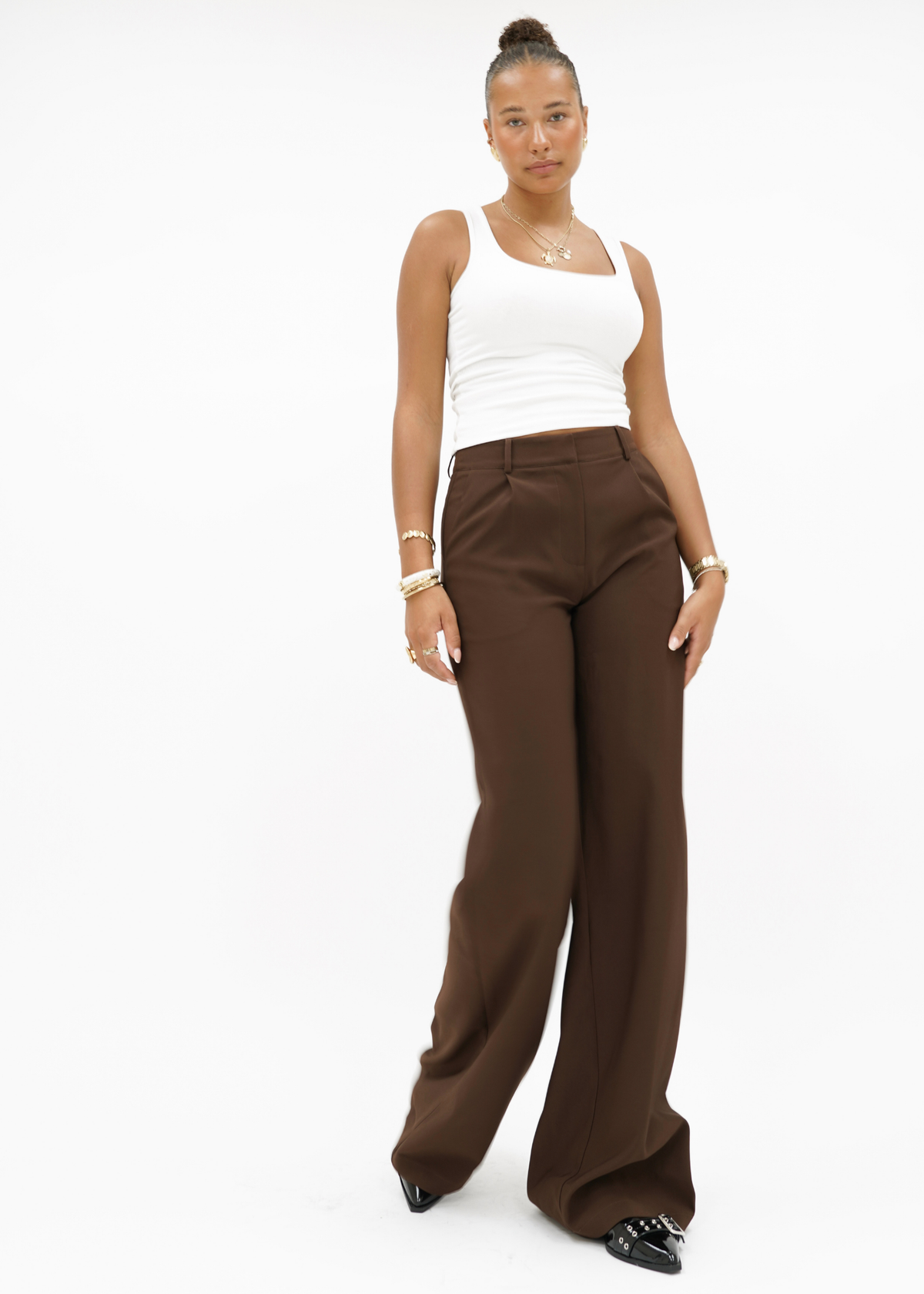 High waist wide leg pants casual chocolate brown (tall)