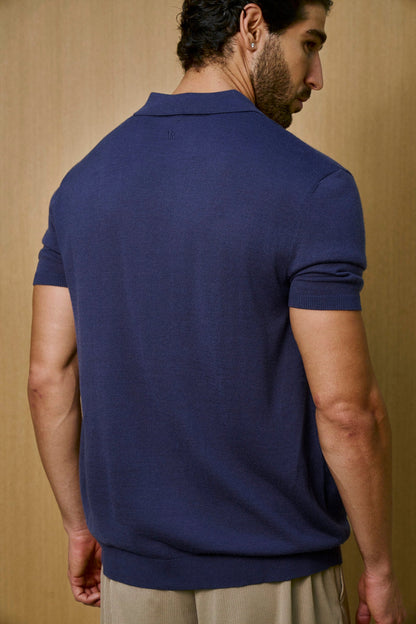 Creme Knitted Short Sleeve Polo – Navy